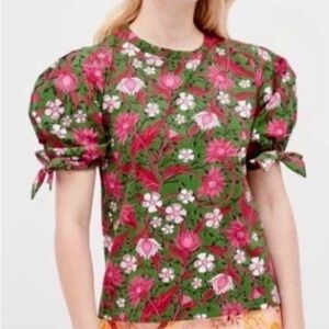 Zara women’s sz M pink and green puff sleeved floral blouse 100% cotton